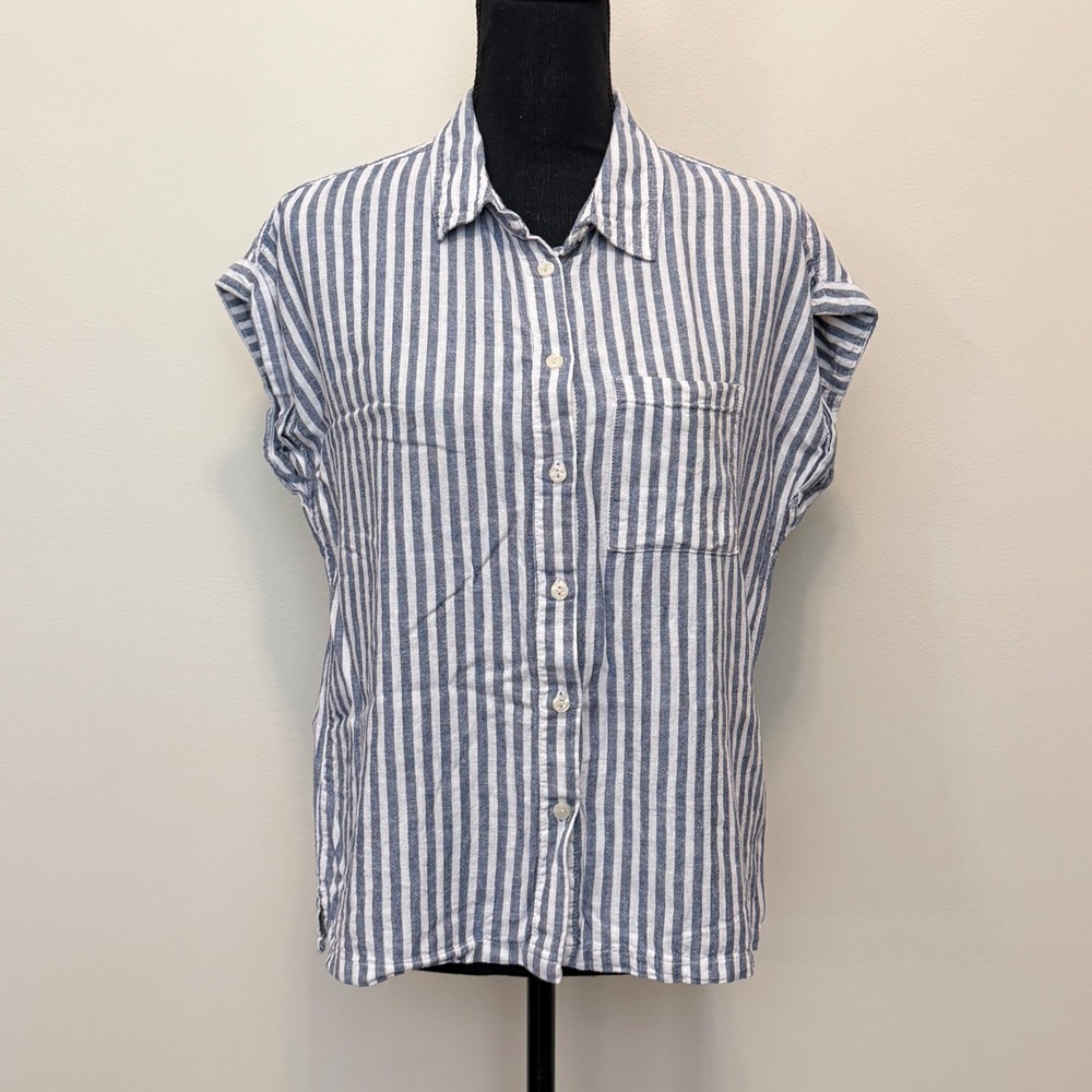 Orvis Womens S Blue White Railroad Striped Linen Blend Button Short Sleeve Shirt